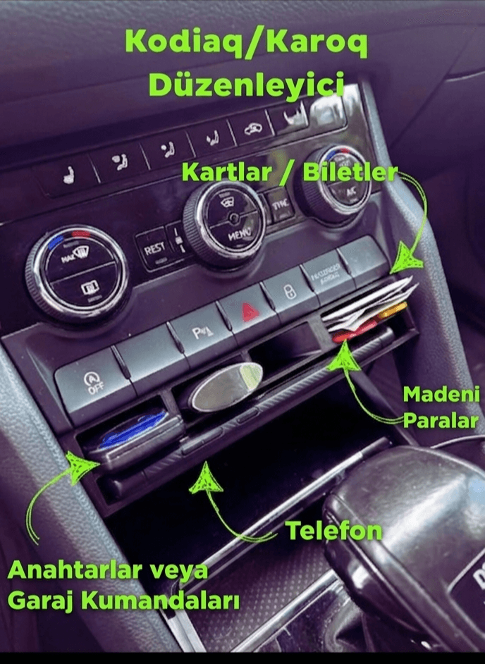 Skoda Kodiaq ve Karoq Uyumlu Orta Konsol Organizer & Telefon Tutucu